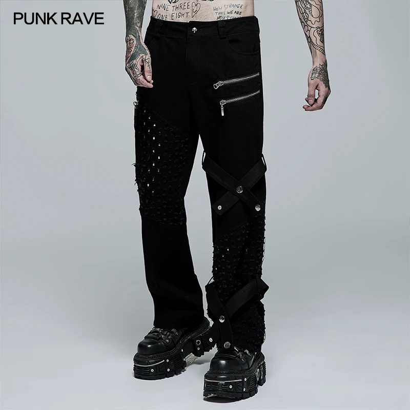PUNK RAVE Men's Punk Style Holes Casual Trousers Daily Wear Decorative Zipper Non-elastic Denim Pants Leg Loop Can Be Removed