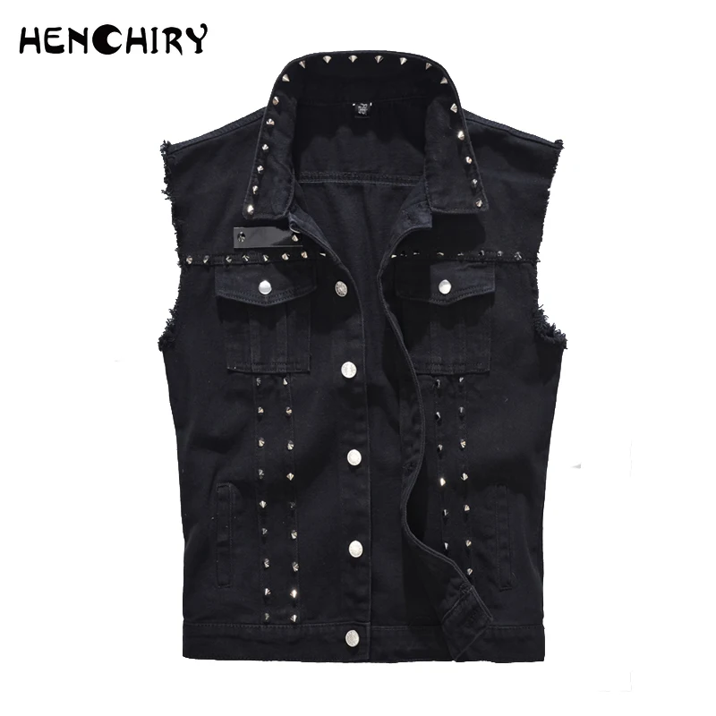

HENCHIRY Spring Autumn Men Vest Vintage Denim Jeans Vest Male Black Sleeveless Jackets Men Rivet Hole Jeans Waistcoats 5XL,TA338