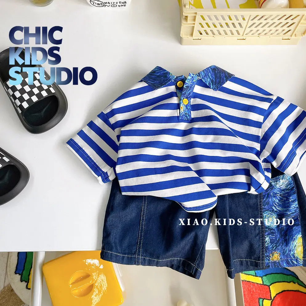 

Футболки с отложным воротником, пуловер с коротким рукавом стандартной длины, Полосатый Простой модный Удобный повседневный летний детски...