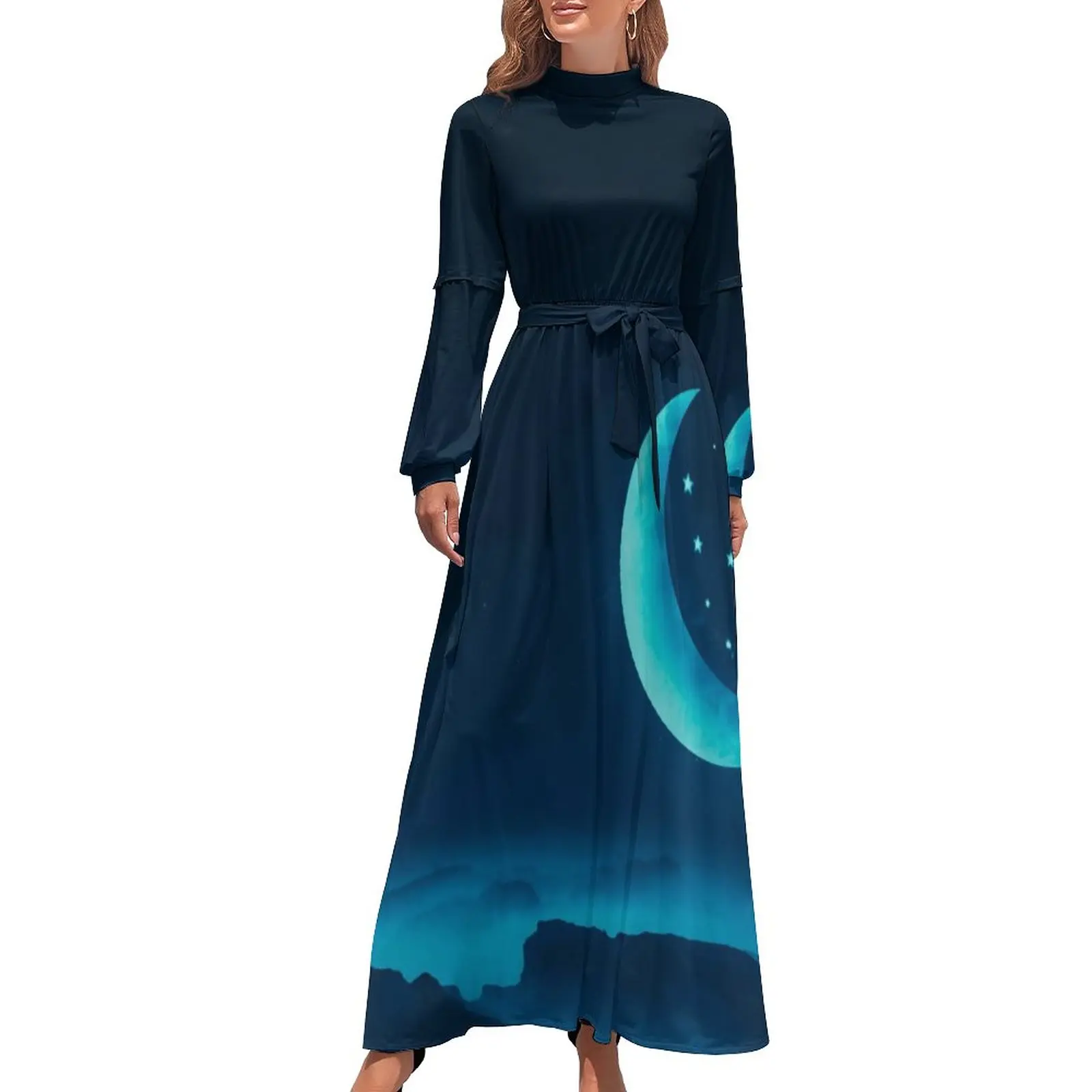 

Mountains Print Dress Blue Quarter Moon Aesthetic Bohemia Dresses Womens Long Sleeve High Neck Modern Long Maxi Dress