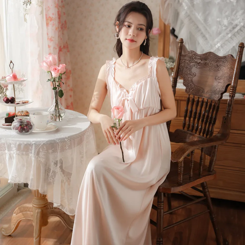 

Sexy Satin Night Dress Women Summer Sleeveless Ice Silk Nightgown Long Peignoir Princess Sleepwear Slip Negligee Romantic Robe