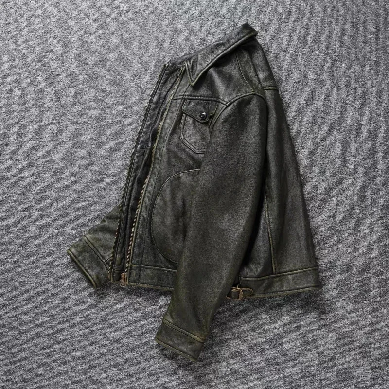 Американская кожаная куртка мужская мотоциклетная ретро потертая графитовая