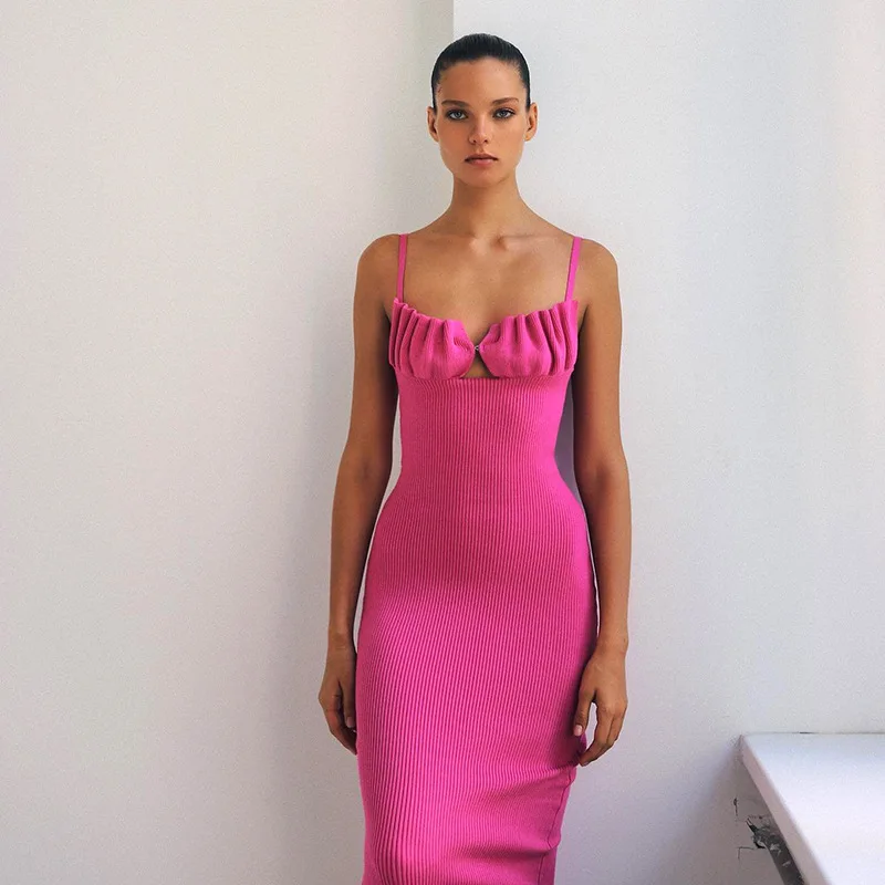 

Elegant Ribbed Knitted Midi Dress Fall Spaghetti Strap Vestidos de mujer Sleeveless Backless Dresses For Women Shell Chest