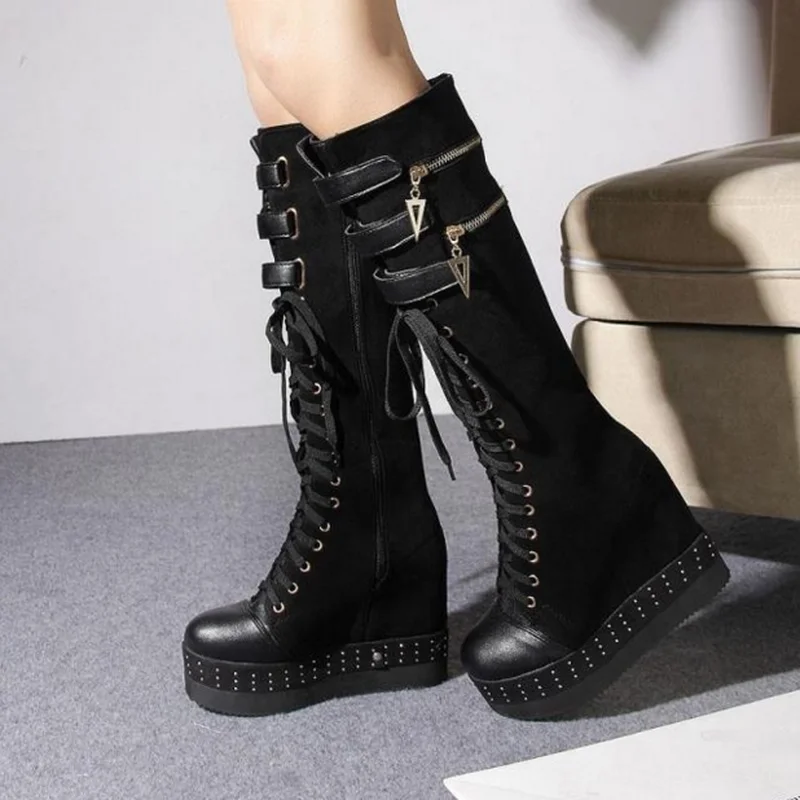 

Womens Punk Hidden Wedge Heels Knee High Thigh Boots Suede Lace Up Platform Shoes Black Zipper C285