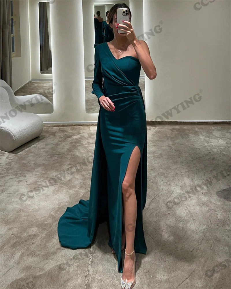 

One Shoulder Sleeve Muslim Evening Dresses Simple Satin High Slit Side Islamic Formal Party Gowns Women Arabic Robes De Soirée