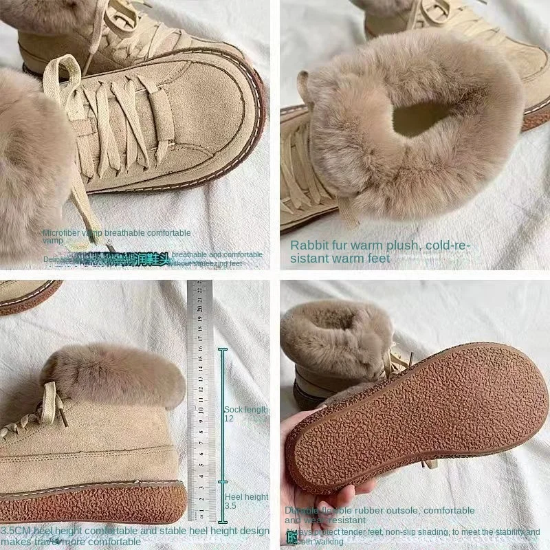 Snow Boots Women's Winter Plush Warm Cotton Shoes Women Lace-up Waterproof Non-slip Thick Bottom Rabbit Fur Boots Botas Mujer