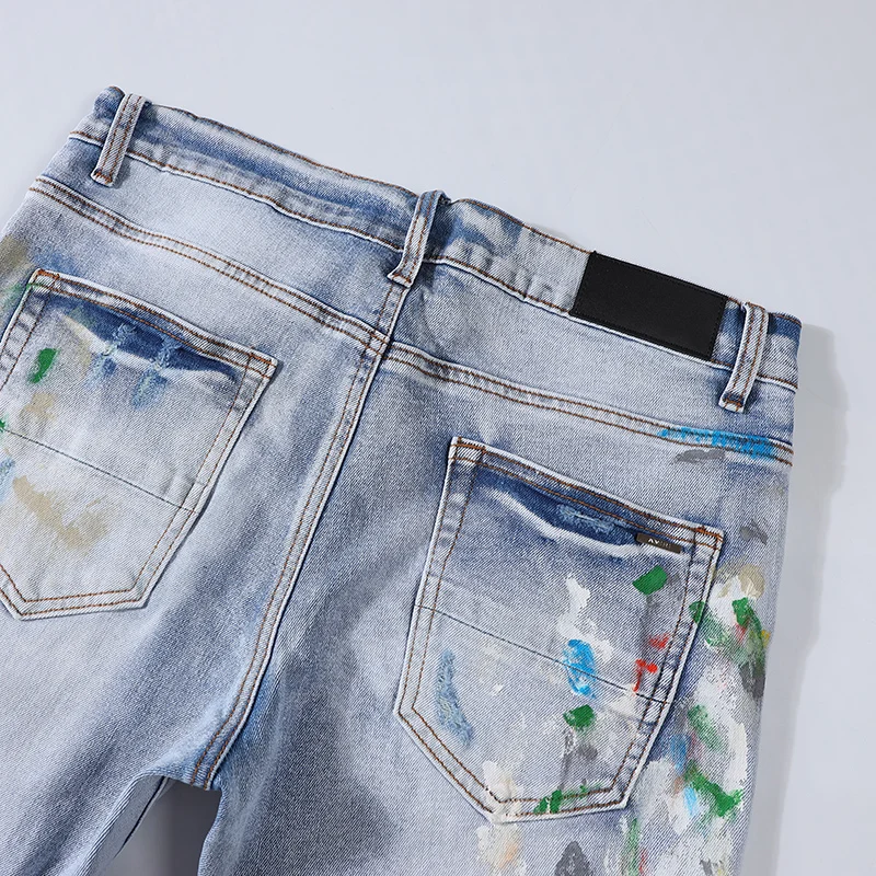High Street Fashion Men Jeans Retro Light Blue Elastic Stretch Skinny Fit Ripped Jeans Men Painted Designer Hip Hop Brand Pants