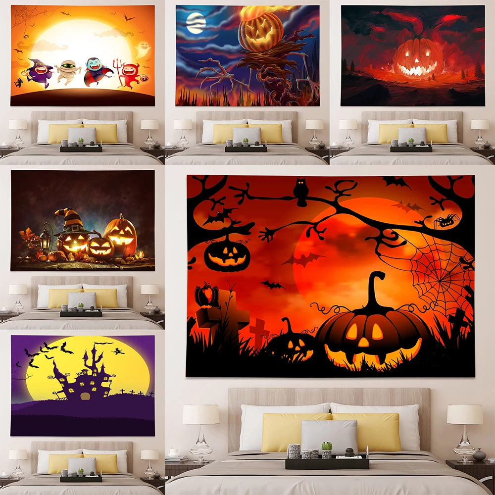 

Night Moon Hippie Tapestry Wall Hanging Pumpkin Bat Print Halloween Room Wall Decor Background Fabric Home Decor Tapestry