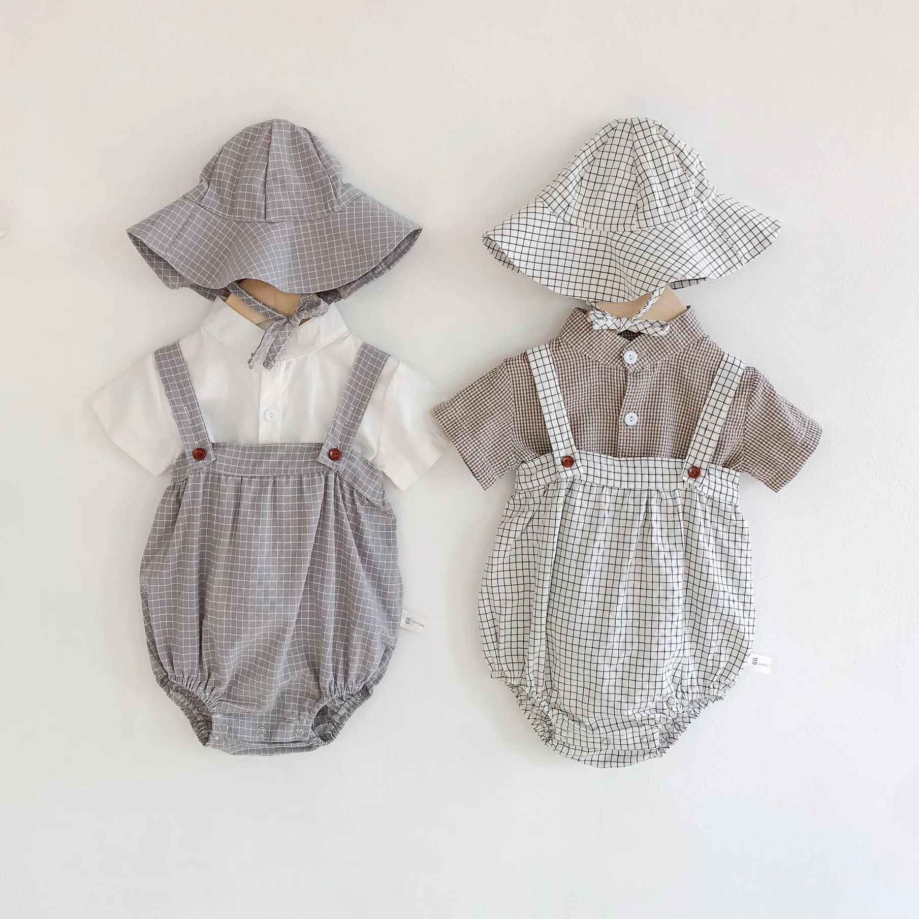 

Summer Baby Girls Boys Plaid Suspender Onesies Bodysuits+TopTees+Hat Toddler 100% Organic Cotton 3-Piece Outfit Sets 0-24 Months