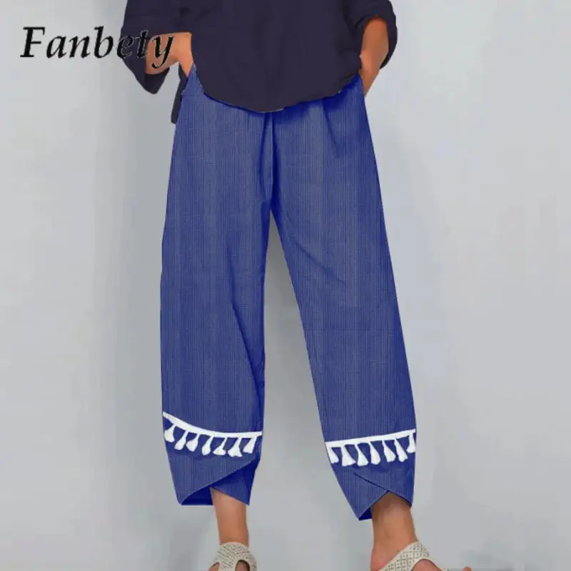 

Модные однотонные кружевные прямые брюки в стиле ретро, Женские Элегантные повседневные офисные брюки из хлопка и льна с карманами и бахромой