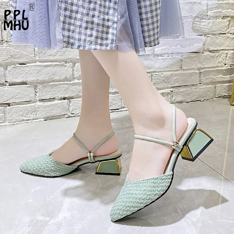 

Шлепанцы женские с острым носком, сетчатые сандалии, квадратный каблук, без застежки, Нескользящие, элегантная обувь для свадьбы