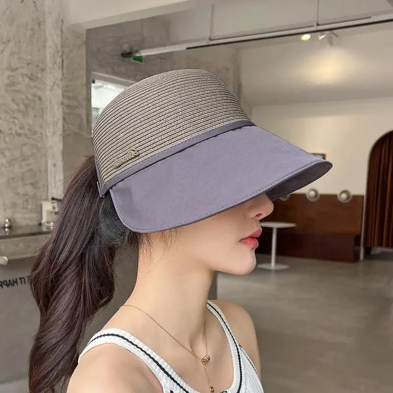 

2023 New Sun Protection Hat Summer Hats for Women Protection Big Brim Cover Face Kpop Sun Hat Can Tie Ponytail Peaked Cap