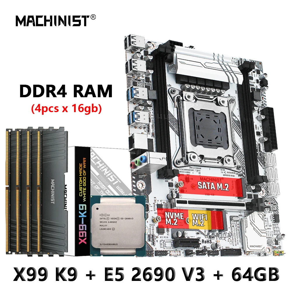 

MACHINIST X99 LGA 2011-3 комплект материнской платы Xeon E5 2690 V3 процессор 64 ГБ (4*16 Гб) 2133 МГц DDR4 память четырехканальная usb3.0 X99 K9
