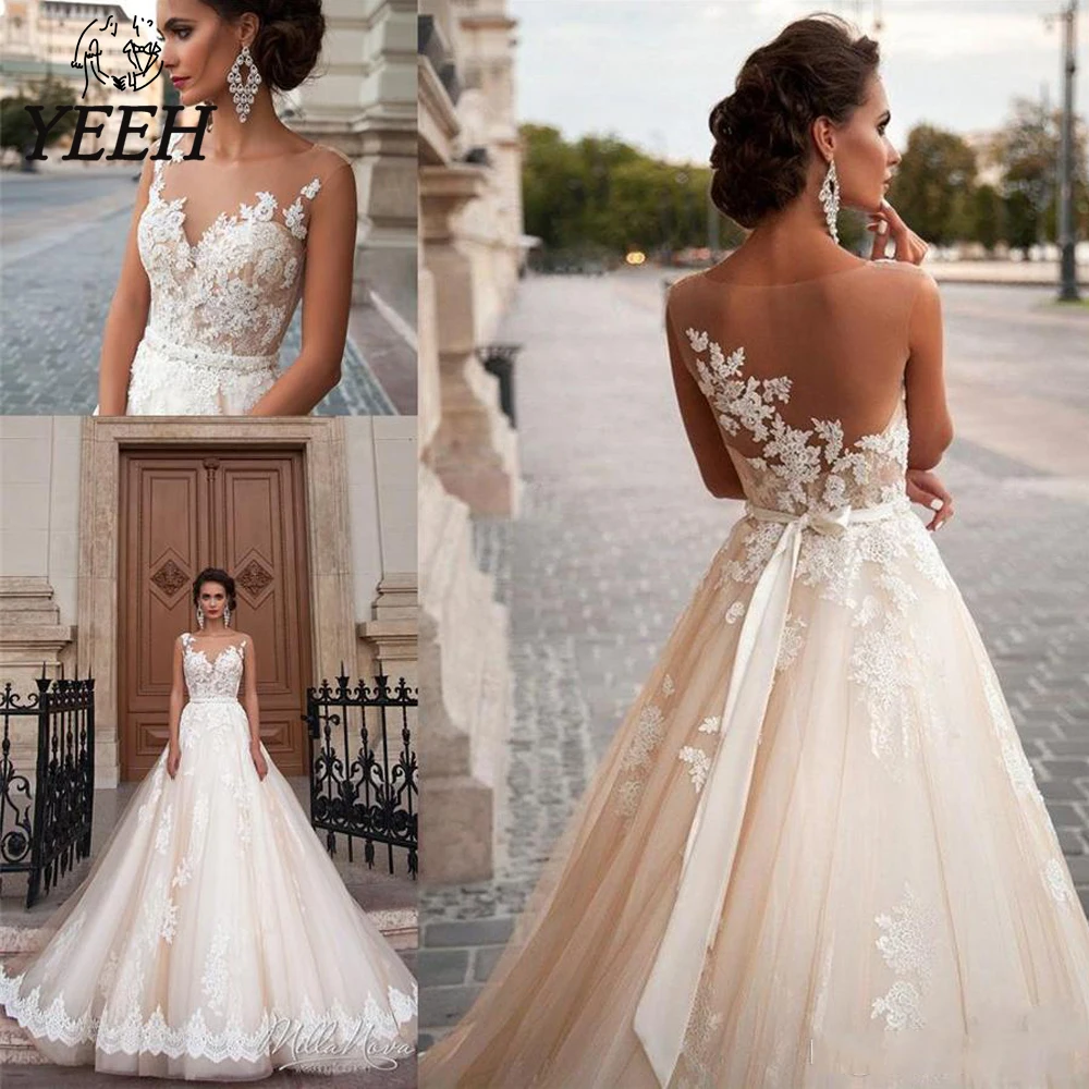 

YEEH Boho Lace Sleeveless Wedding Dresses For Women Elegant Bow Floral Print Bridal Gowns Classic Sweep Train Robe De Mariée