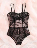 sexy lace womens sleepwear jumpsuit underwear mesh thin embroidery flower applique see through backless bodysuit lingerie brief