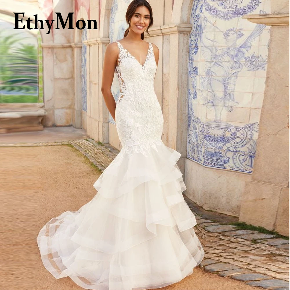 

Ethymon V-Neck Tiered Sleeveless Tulle Sexy Wedding Dresses Mermaid For Bride Floral Print Robe De Soirée De Mariage Customised