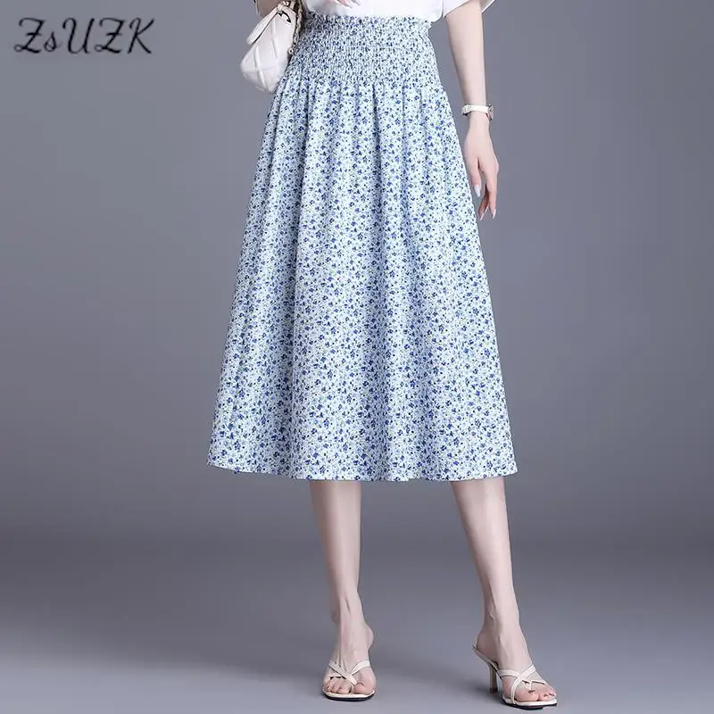 

ZUZK Women Elastic Waist Floral A-line Skirts New Summer High Waist Slim Simple All-Matc Big Swing Skirt Jupe Femme Blue Green