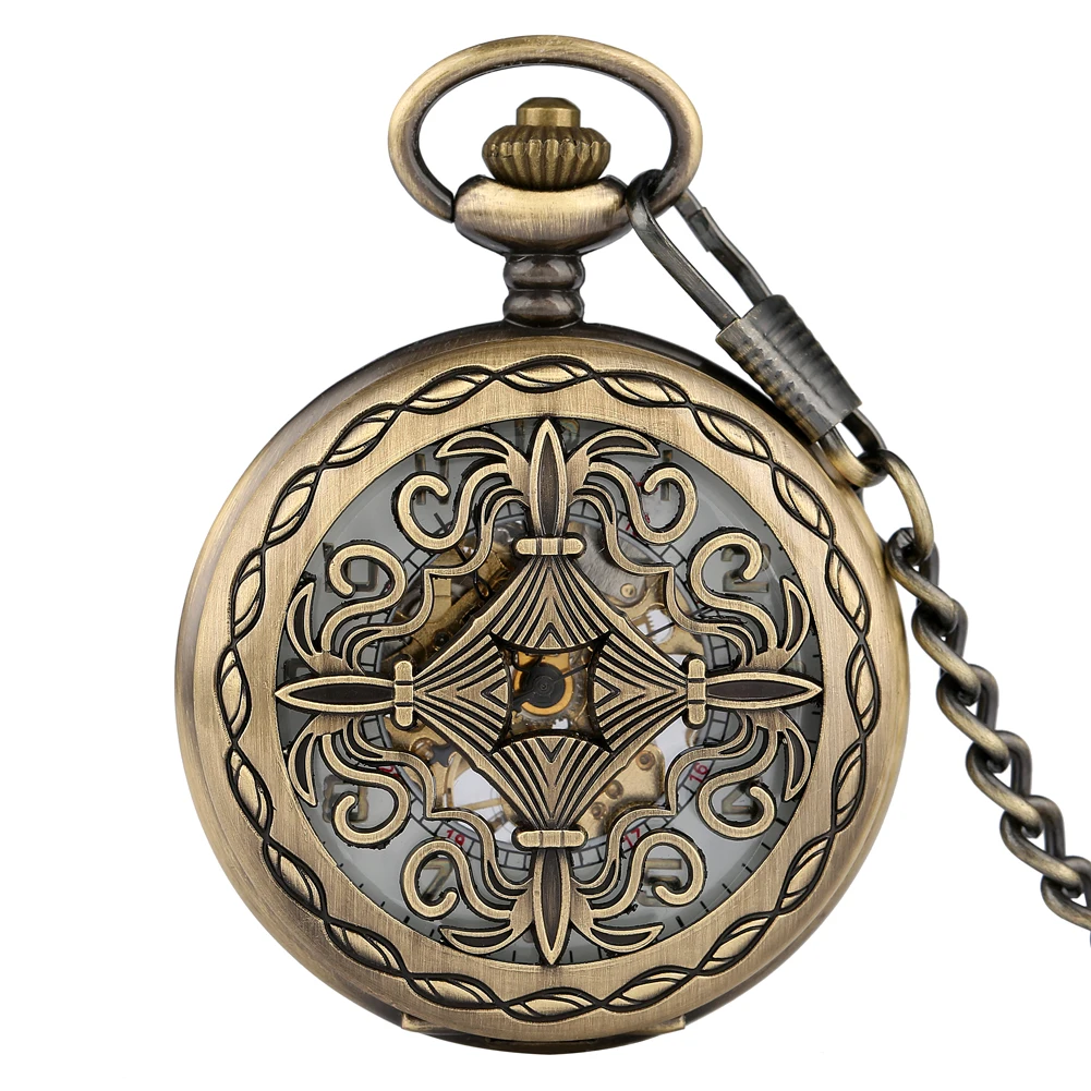 

Hand Winding Mechanical Pocket Watch Arabic Numerals Dial Vintage Skeleton Chinese Knot Manual Men Clock Bronze Fob Chain