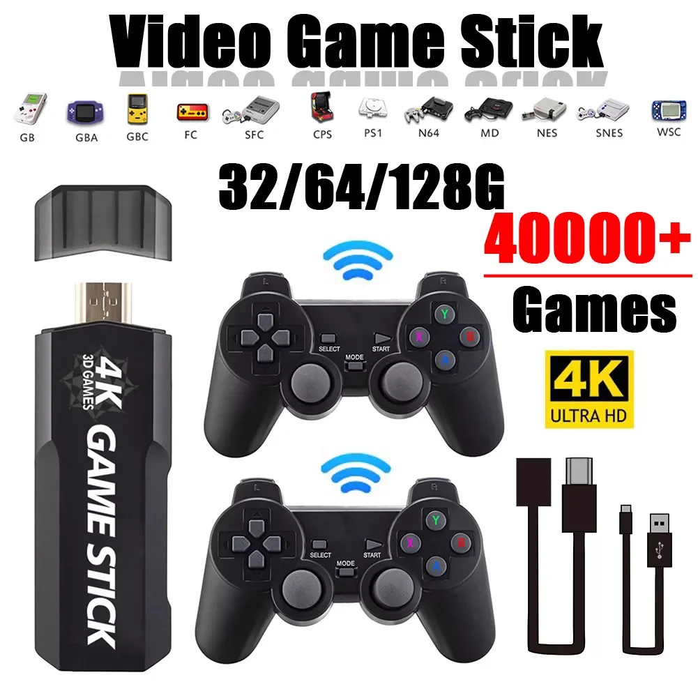 

32/64/128G 15K-40K Video Game Stick 4K HD Video Game Consoles Retro Game Console Double Wireless Controller For PSP PS1 GBA GBX