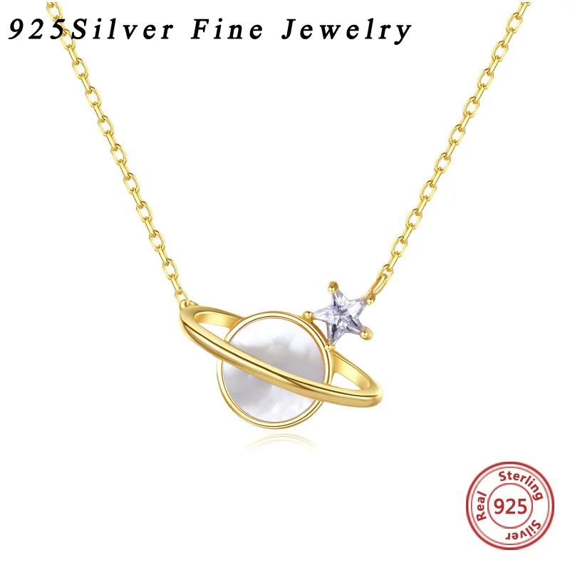 

925 Sterling Silver Saturn Necklace Fritillaria Shell Dream Planet Pendant Collar Chain Fine Jewelry For Women 18K Gold Color