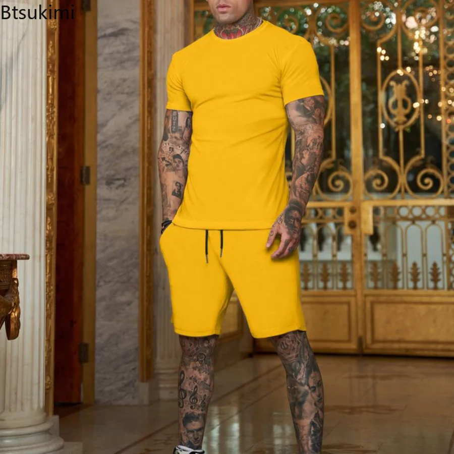 2023 Summer 2PCS Tracksuit for Men Short Sleeve T-Shirt+Shorts 2 Piece Set Sports Suit Men Solid Gyms Fitness Sportswear Sets