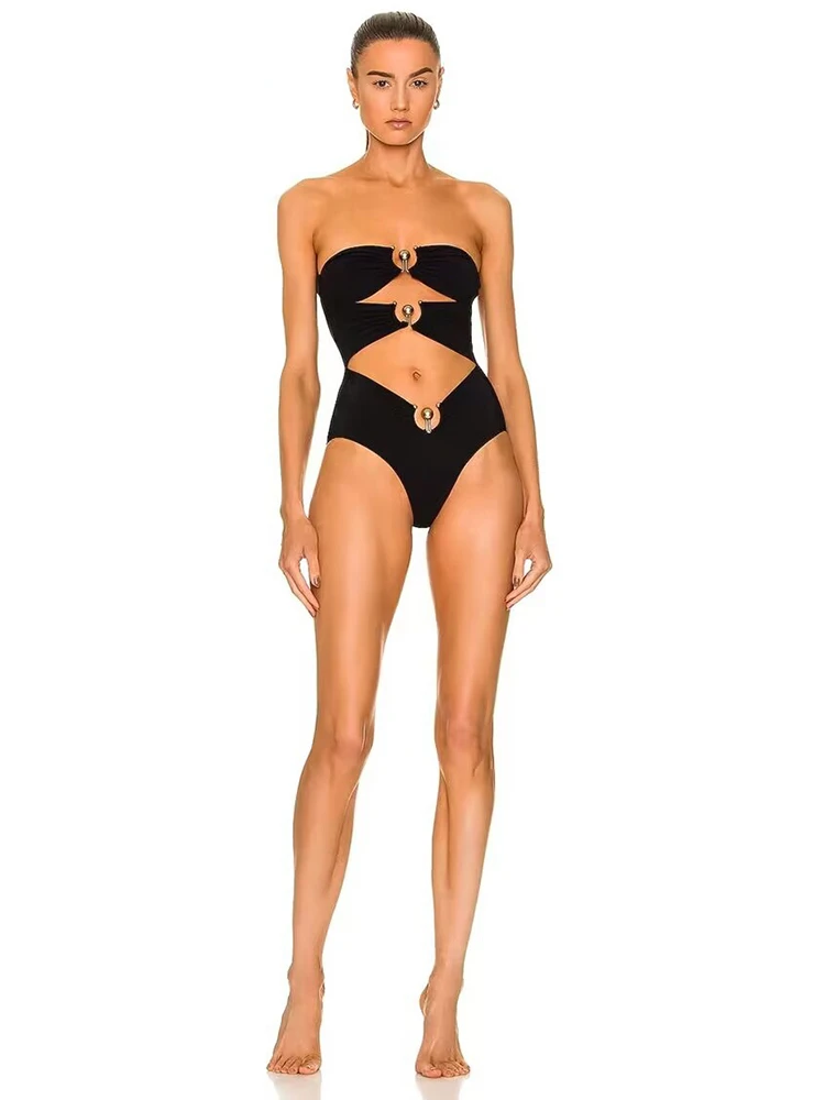 

Новинка 2023, женский черно-белый слитный купальник с металлическими пуговицами, сексуальное цельное платье, Пляжное боди