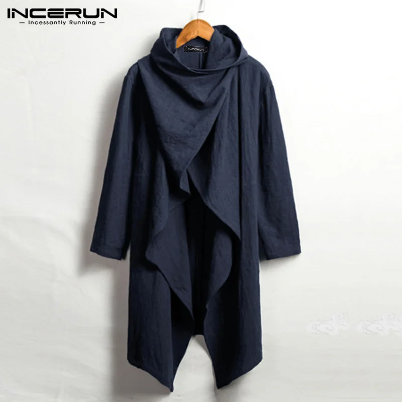 

2023 Vintae Men Trenc Coats Cotton Poncos Scarf Collar Lon Sleeve Cloak Irreular Jackets Solid Streetwear Outerwear