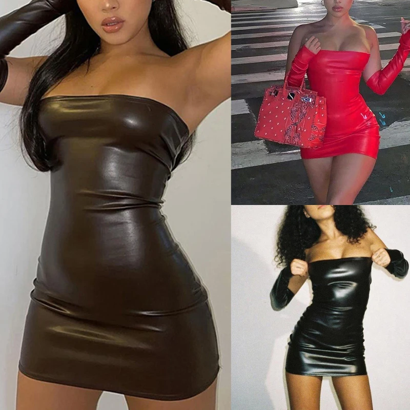 

Pu Leather Party Dress With Gloves Women'S Backless Sexy Low Cut Clubwear Skinny 2022 Black Bodycon Mini Dresses Female New