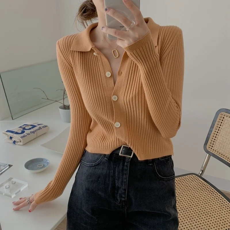 

Женский вязаный кардиган, облегающий тонкий корейский Кардиган с длинным рукавом и воротником-поло, весна-осень 2021