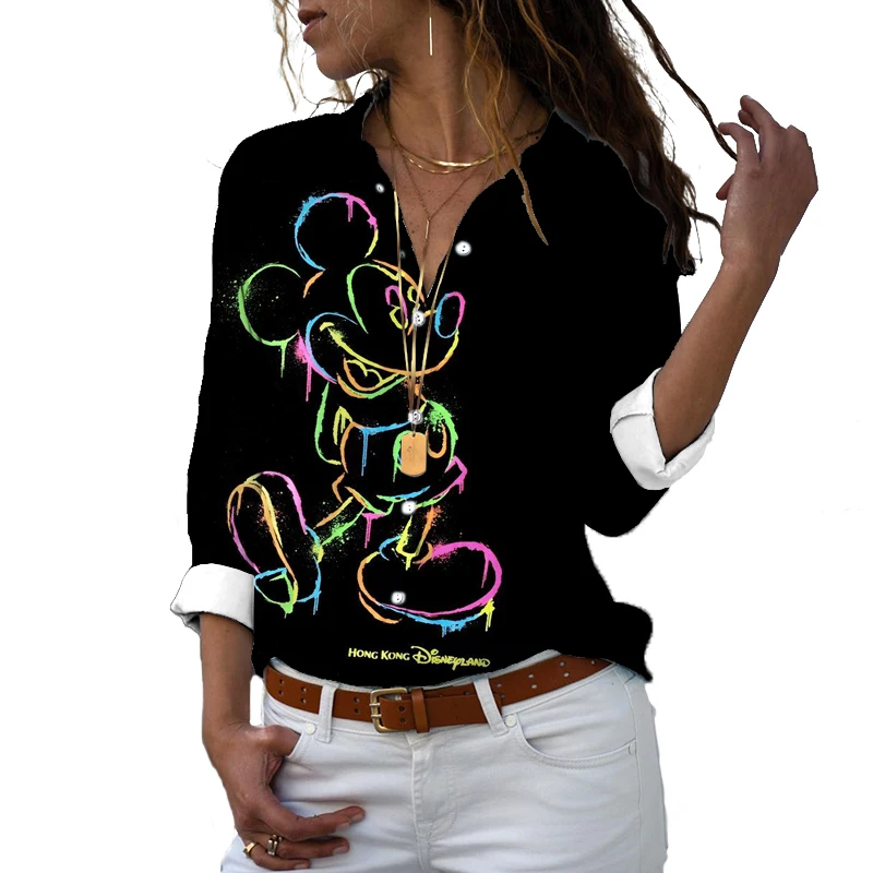 

2022 Disney New Slim Fit 3D Printed Women Button Long Sleeve Lapel Mickey Minnie Casual Harajuku Cute Shirt y2k
