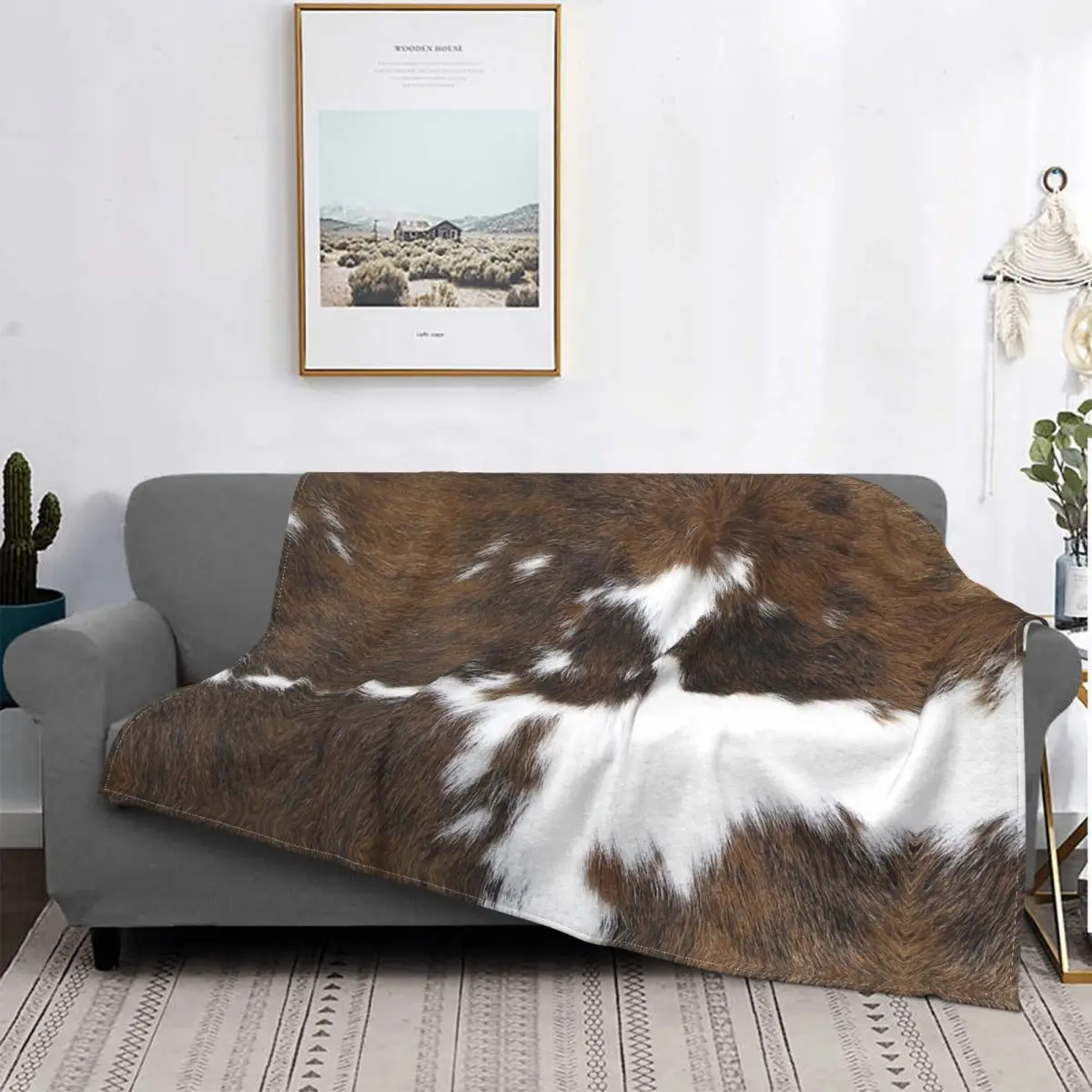 

Simulated Cowhide Texture Flannel Blanket Vintage Throw Blanket for Home Plush Thin Quilt