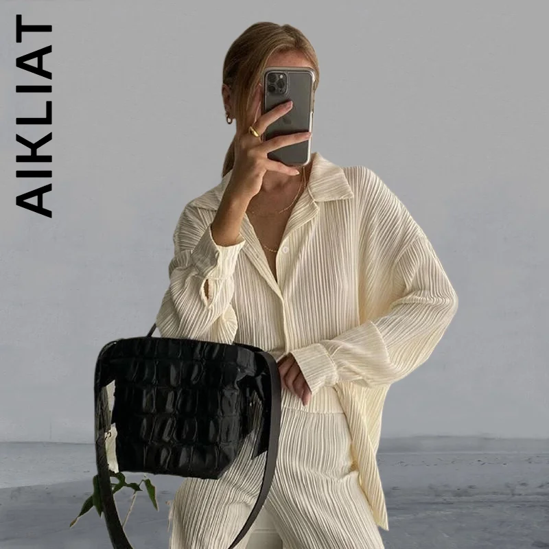 

Aikliat Women Set New Womens Long Pants Simple 2 Piece Set Retro Women's Tracksuit Elegant Women's Tracksuit Set Female