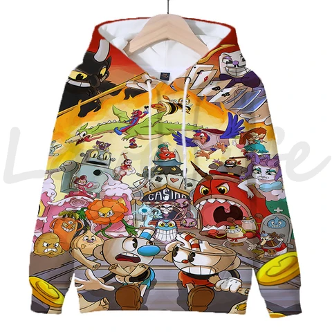 Детские толстовки с капюшоном Cuphead Game Mugman для мальчиков и девочек, толстовки в стиле аниме, милые топы, детские пуловеры с 3D капюшоном, повседневная уличная одежда Sudadera