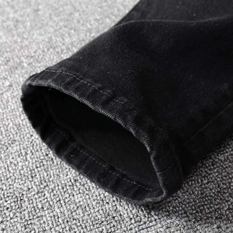 Men's Bandanna Paisley Printed Patchwork Stretch Jeans Streetwear Black Denim Pencil Pants Slim Skinny Ripped Trousers