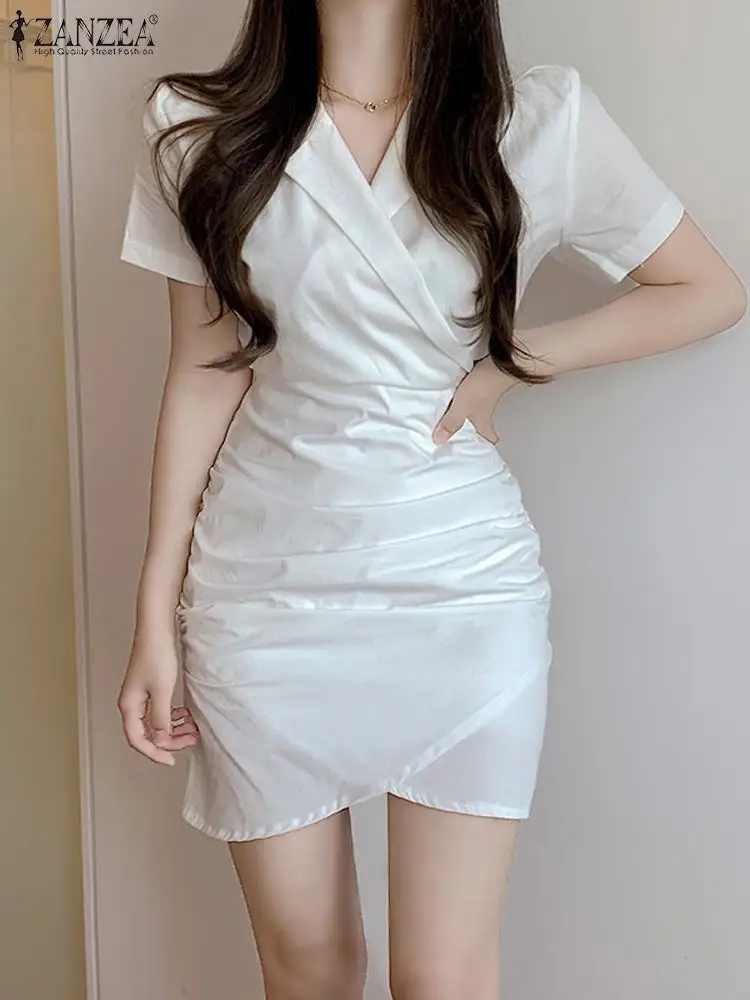 

ZANZEA Women Lapel V Neck Short Robes Casual Pencil Mini Dress Elegant Short Sleeve Sundress 2023 Summer Pleats Shirt Dresses