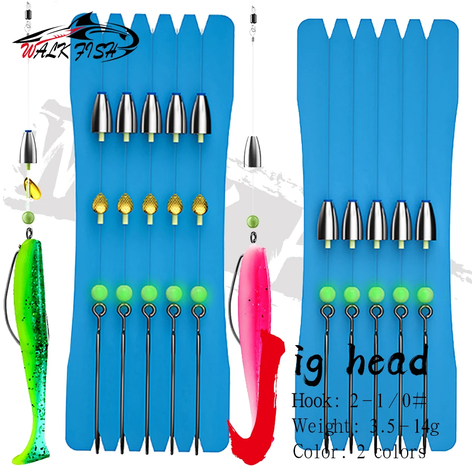 5 Set WALK FISH Dropshot Rig Texas Rigged Tackle Combination Luminous VIB Spoon Bait With 10Pcs Soft Lure Jig Head Binded Hooks