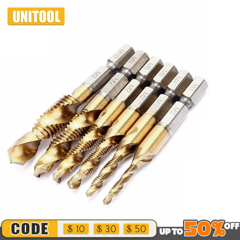 

6pcs M3 M4 M5 M6 M8 M10 Tap Drill Bits 6.35mm Hex Shank Machine Hand Taps Titanium Coated HSS Drilling Tap Thread Screw Tools