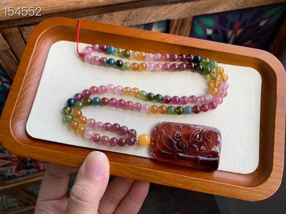 

Natural Red Tourmaline Bamboo Carved Pendant Necklace 45.5*28.3*5mm Women Clear Round Beads Red Tourmaline Jewelry AAAAAAA