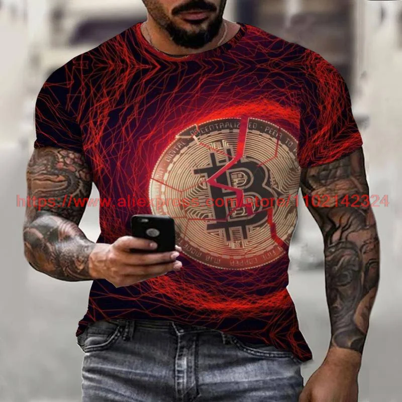 

Men Vintage Short Sleeve T Shirts Summer Harajuku O Collared Graphic T-Shirt Men Clothing Virtual Currency Bitcoin 3D Printing