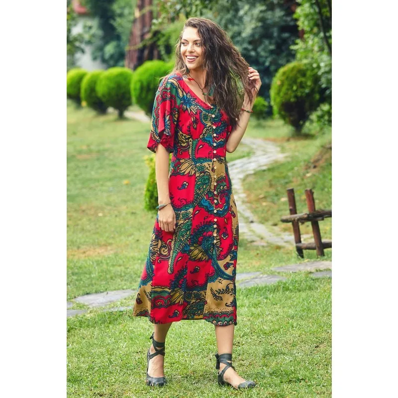 

Bat Sleeve Button V-Neck Bohemian Dress Women Summer Dress Casual Long Prom Midi Maxi