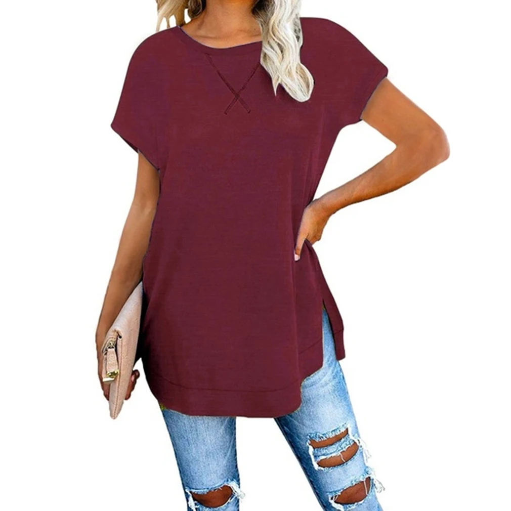 

New women's T-shirt 2020 Spring And Autumn Irregular Large Size Loose Casual Shirt O Collar Solid Color Short Sleeve Top