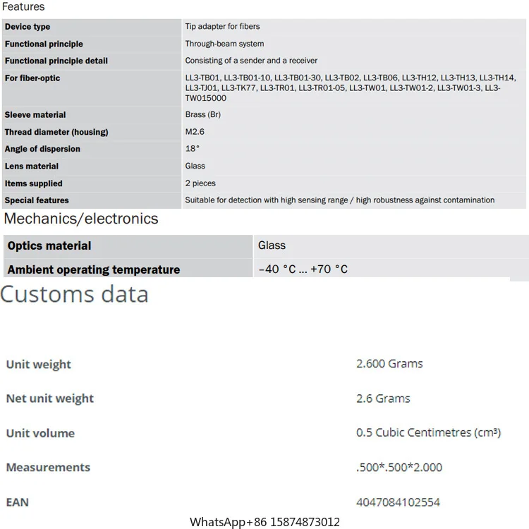 Хит продаж SICK LL3-TA02 5308129 Оптоволоконные датчики и оптоволокна Адаптер наконечника