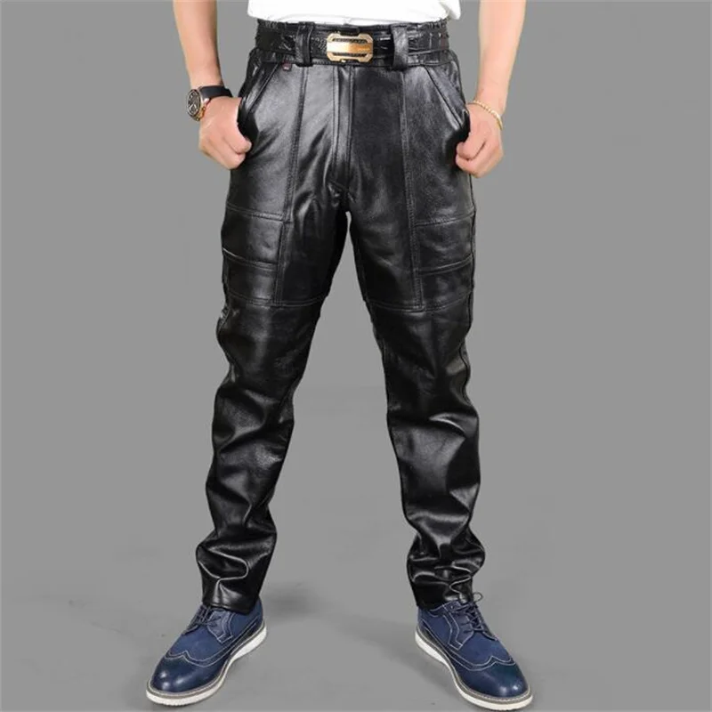 

New Men'S Leather Pants Trousers Locomotive Leisure Motorcycle Riding Autumn And Winter Tide CalçA Couro Masculina Black