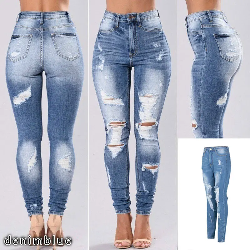

2022new European and American ripped small feet tide elastic tight skinny beggar jeans women ripped jeans for women