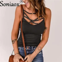 fashion rhinestones strap t shirt casual summer ladies cross v neck vest tops women solid color sleeveless tank top pullover