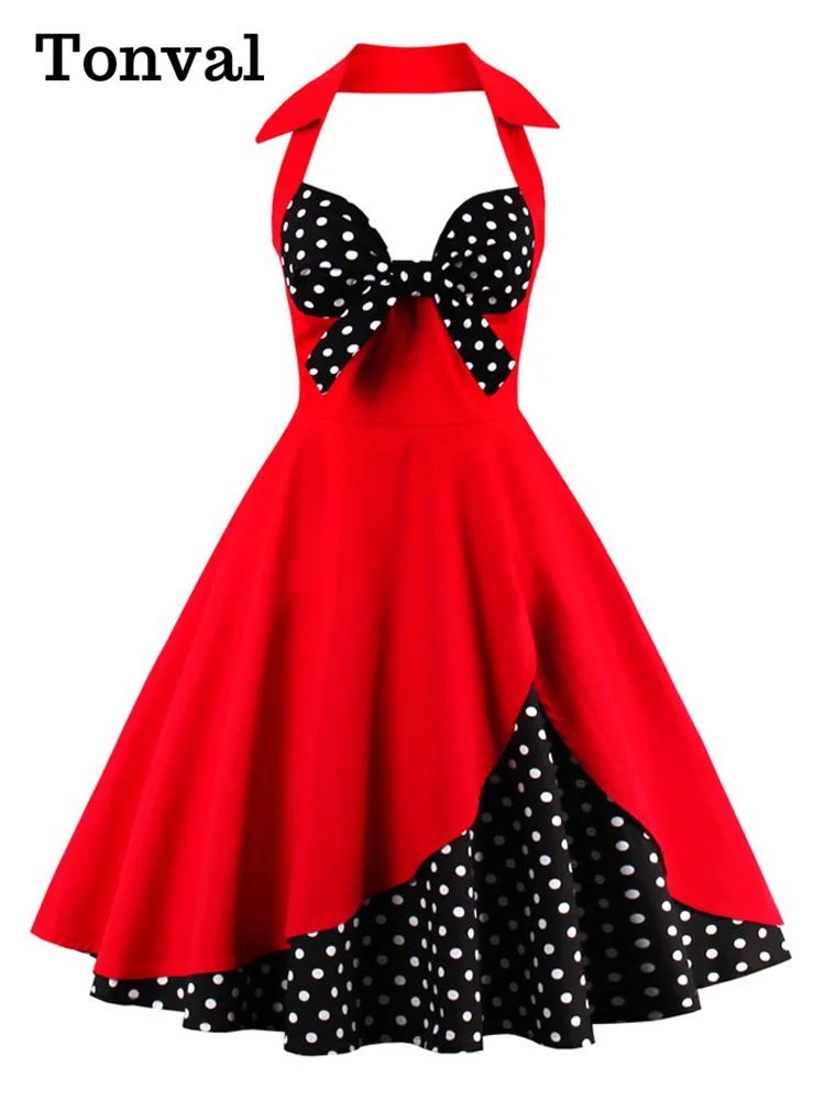 Tonval Knot Front Sexy V-Neck Halter Party Women Vintage 50s Pinup Dress Black and Red Two Tone Backless Cotton Dresses