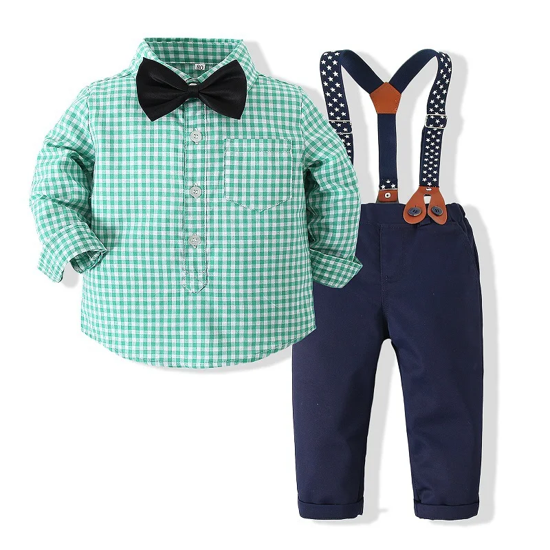 

Gentleman Boy Suit Kids Clothes Baby Boys Long SleevGreen Plaid Shirt + Bibs Pants Bow 3pcs Set