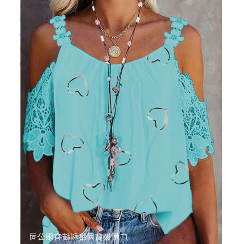 

Women T-shirt Top Sexy Solid Color Lace Openwork See-through T-shirt Women Short Sleeve Off Shoulder Round Neck Pullover T-shirt
