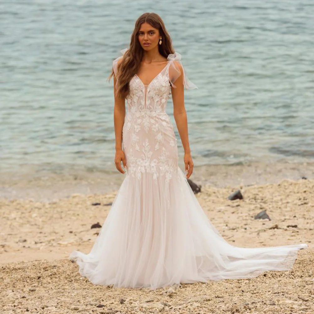 

Sexy Mermaid Spaghetti Straps Wedding Dresses With Tulle Shoulder Bows Bridal Gowns Sequin 3D leaf Vestidos De Novia