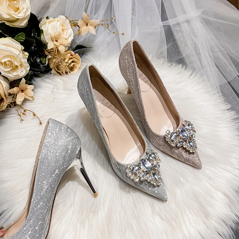 

Large Size 42 43 Sweet Women Pumps Pointed-toe Silver Woman Party High Heels 7cm and 9cm Heels Fashion New Womans Wedding Shoes